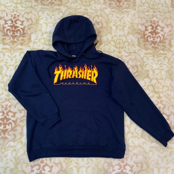 Navy Blue Thrasher Hoodie - Classic Flames Script - Picture 2 of 5